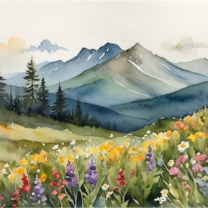 Rocky Mountains Painting Wildflower Meadow Landscape Watercolor Art Print