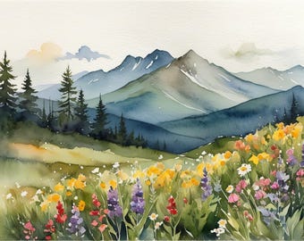 May include: Watercolor painting of a mountain landscape with a field of wildflowers in the foreground. The mountains are blue and green, and the sky is a light blue. The wildflowers are a variety of colors, including red, yellow, purple, and white.