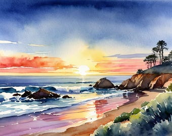 Big Sur Sunset Painting California Coast Seascape Watercolor Art Print Beach Poster