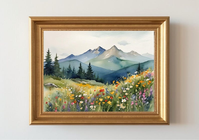 Rocky Mountains Watercolor Art Print: Wildflower Meadow Landscape - Etsy