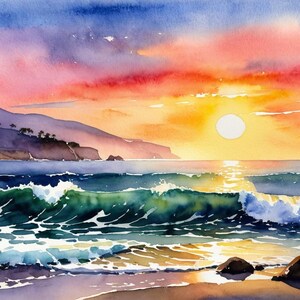 Puede incluir: Pintura a la acuarela de una puesta de sol sobre el océano. El cielo transita del azul al rosa y al naranja, con el sol poniéndose sobre el agua. Las olas rompen en la orilla y la playa es visible en primer plano. La pintura evoca paz.