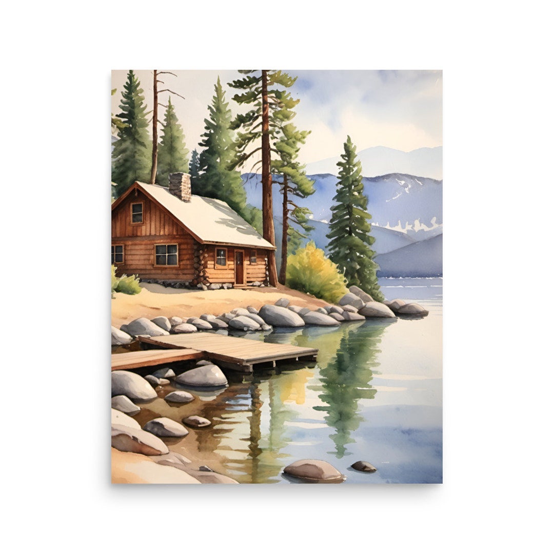 Tahoe Lake Watercolor Art Print: Forest Cabin, Mountain Landscape - Etsy