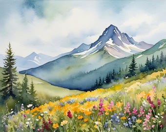 Colorado Wildflower Meadow Watercolor Art Print: Mountain Landscape