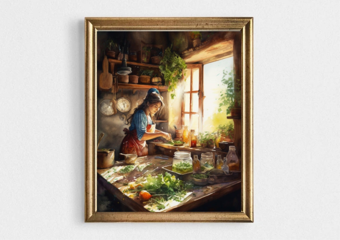 A Woman Cooks in a Country Kitchen Watercolor Painting Art Print