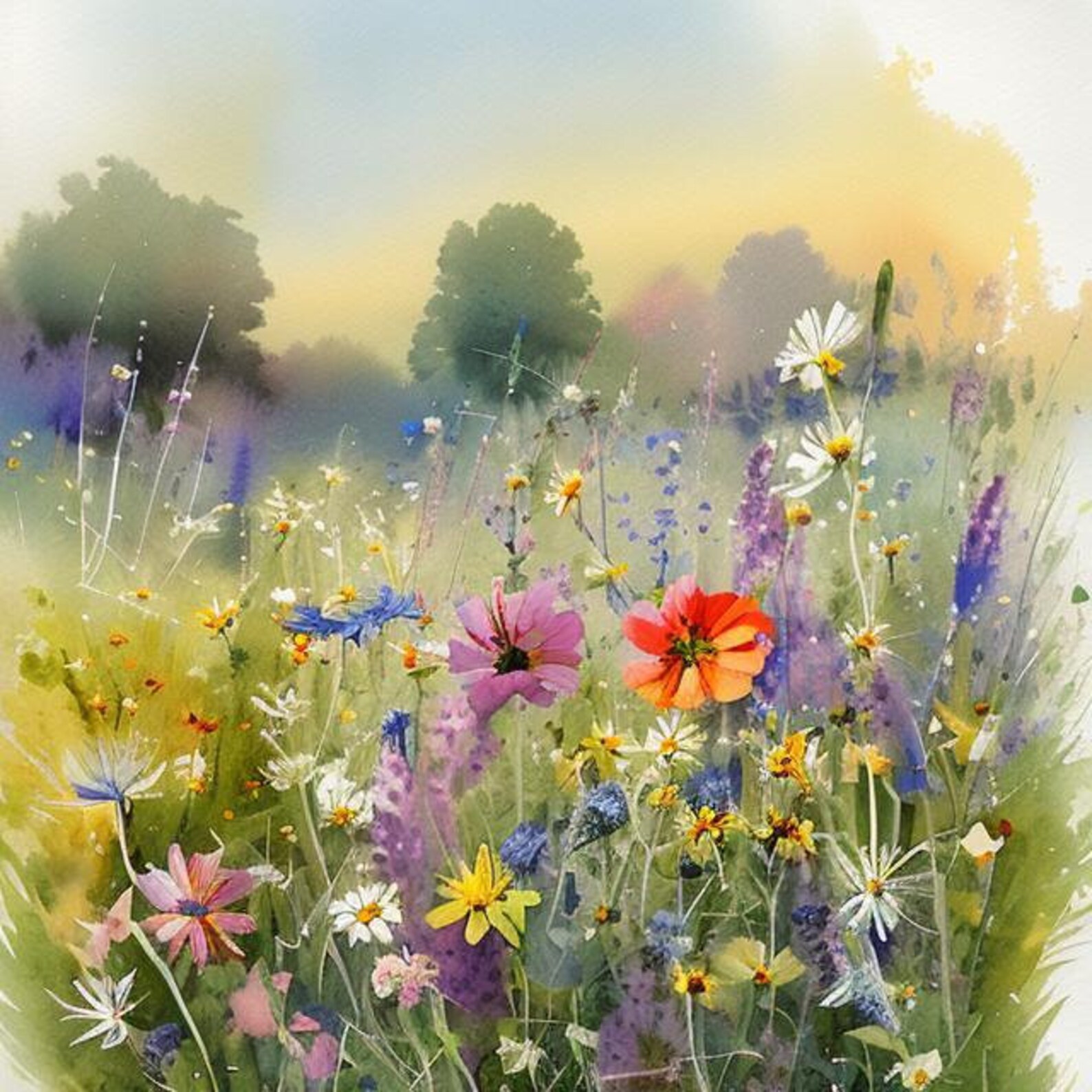 Field of Flowers Watercolor Painting Wildflowers Art Print Panoranic Country Landscape Wall Art ...