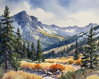 Utah Mountain Landscape Watercolor Art Print, Valley and Pine Forest
