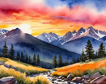 Grand Teton Watercolor Print: Wyoming Mountain Sunset Landscape