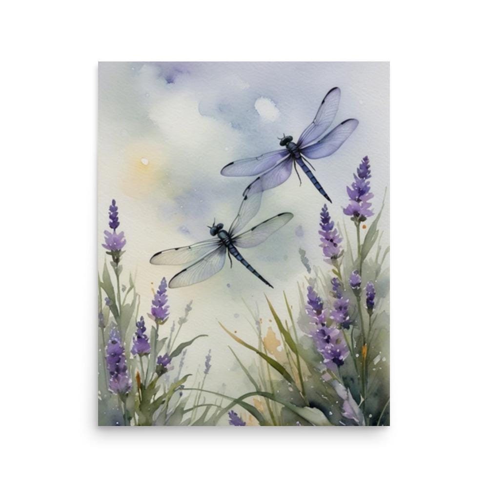 Dragonfly Painting Two Dragonflies and Lavender Meadow Watercolor Art Print Insects Wall Art Lavender Flowers Art Botanical Print Floral Art