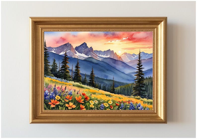 Rocky Mountains Watercolor Art Print: Wildflower Meadow Landscape - Etsy