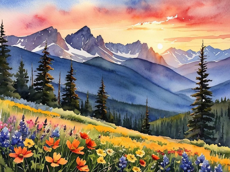 Rocky Mountains Watercolor Art Print: Wildflower Meadow Landscape - Etsy