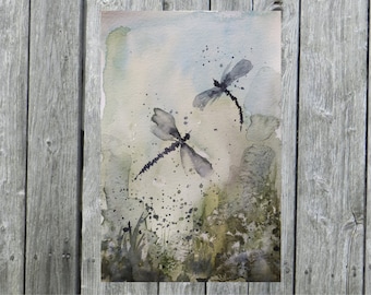 Dragonfly Original Watercolor Painting-Dragonfly Watercolor Meadow Painting-Wildflowers Field Art-Insect Wall Art-Botanical Watercolor Art