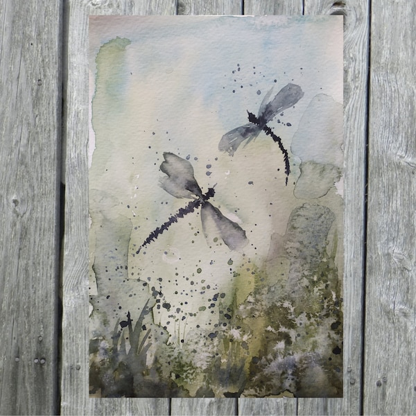 Libelle Original Aquarell Malerei-Libelle Aquarell Wiese Malerei-Wildblumen Feld Kunst-Insekt Wand Kunst-Botanische Aquarell Kunst