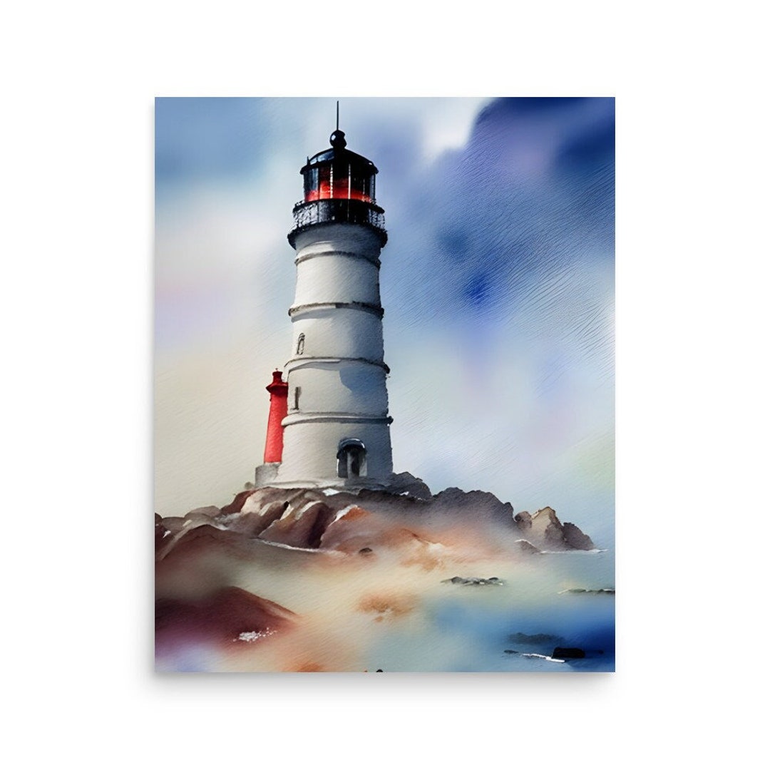 Lighthouse Watercolor Painting Seascape and Lighthouse Art Print Sea ...