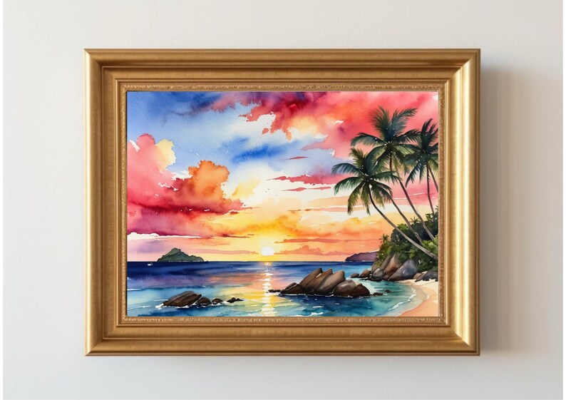 Seychelles Beach Painting Ocean Island Sunset Seascape Watercolor Art ...