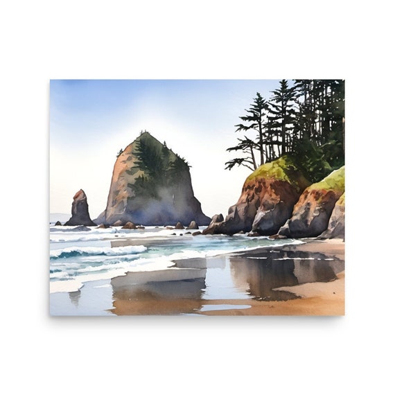 Cannon Beach Watercolor Art Print: Oregon Coastal Seascape, Haystack Rock