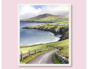 Dingle Peninsula Painting Ireland Landscape Watercolor Art Print Irish Coastal Wall Art Green Hills Art Coastal Artwork Irish Farmland Print