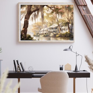 Louisiana landschap aquarel schilderij rivier en huis in Louisiana Art Print panoramisch stadsgezicht Wall Art grote Louisiana poster afbeelding 5