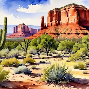 Red Rock State Park Painting Arizona Sedona Landscape Watercolor Art Print Arizona Desert Wall Art National Park Travel Poster Cactus Art
