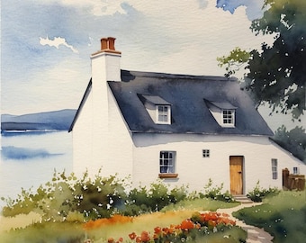 Irish Cottage Watercolor Art Print: Coastal Ireland Farmhouse
