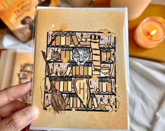 Badger Bookshelf Greeting Card: Fantasy Wizard Illustrated Blank Card