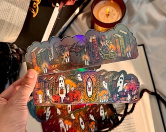 Holographic Haunted Bookshelf Bookmark: Spooky Halloween Ghost & Cauldron