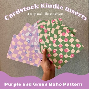 May include: Five cardstock inserts with a purple and green boho pattern. The patterns feature a checkered design with pink flowers. The text "Cardstock Kindle Inserts" and "Original Illustration" is at the top of the image.