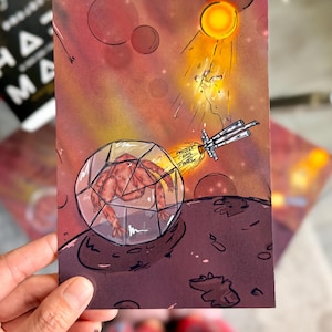 May include: Illustration of a space scene with a figure inside a geometric glass dome on a planet's surface. A spaceship flies toward a bright sun. The text "PROJECT HAIL MARS" is visible on the spaceship.
