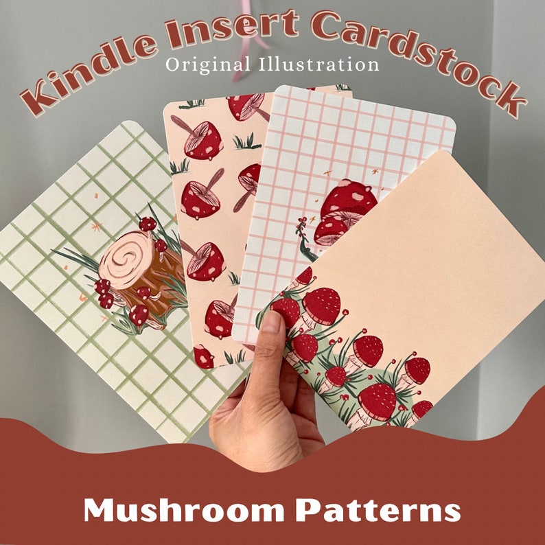 May include: Four different mushroom-themed cardstock inserts. One features a green and white grid pattern, another has a pink and white grid pattern, one has a red and white mushroom pattern, and the last has a red mushroom and brown log pattern.