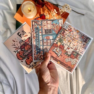 Set of 3 Fall Thanksgiving Bookish Greeting Cards | Bookish Fall Variety Cards: Fall Bookshop, Fall into Good Books & Fall Reading Nook