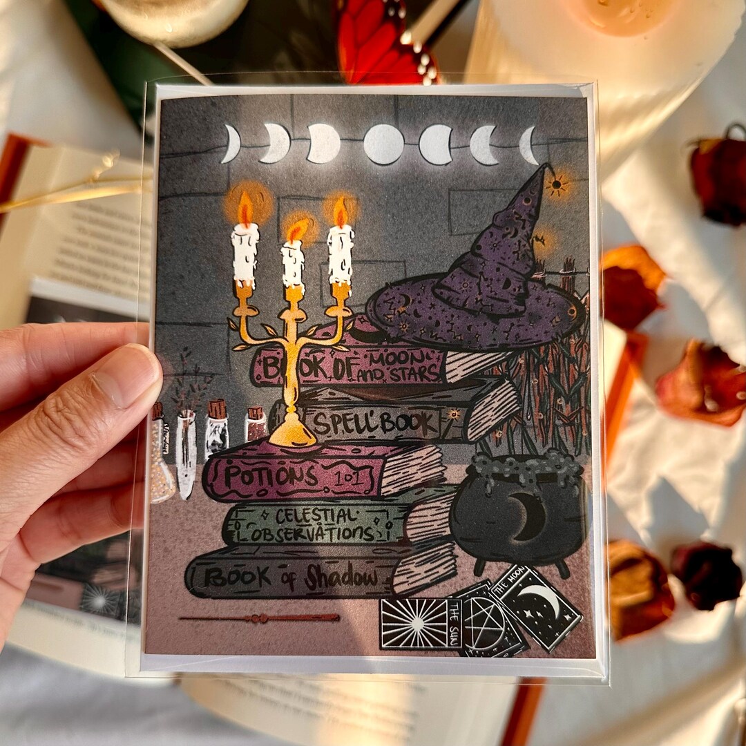 Bookish Celestial Magic Greeting Card: Halloween Witchcraft Blank Card ...