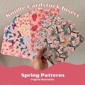 Original Illustration Cardstock Kindle Insert | Spring Butterflies, Flowers, Strawberry, Moon and Stars Kindle Insert Paperwhite, Oasis