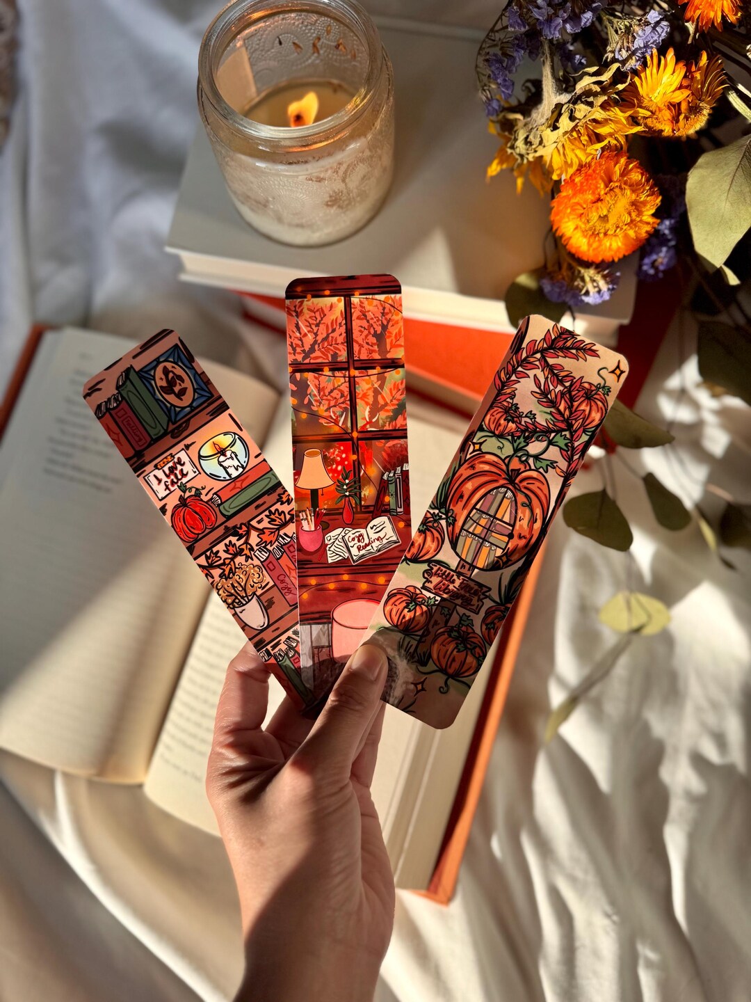Fall Book Stack Bookmark Fall Bookmarks Set: Cozy Book Nook, Pumpkin Bookshelf (2x7 Inch ...