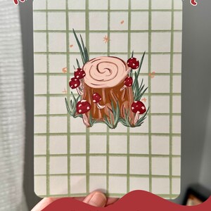 May include: A digital illustration of a tree stump with red mushrooms growing around it. The background is a green and white grid pattern. The text "Pattern A" and "Original Illustration" is at the bottom of the image.