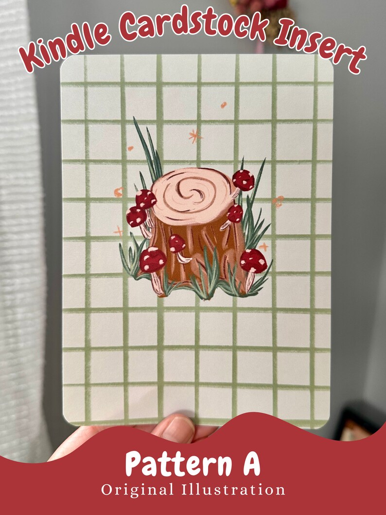 May include: A digital illustration of a tree stump with red mushrooms growing around it. The background is a green and white grid pattern. The text "Pattern A" and "Original Illustration" is at the bottom of the image.