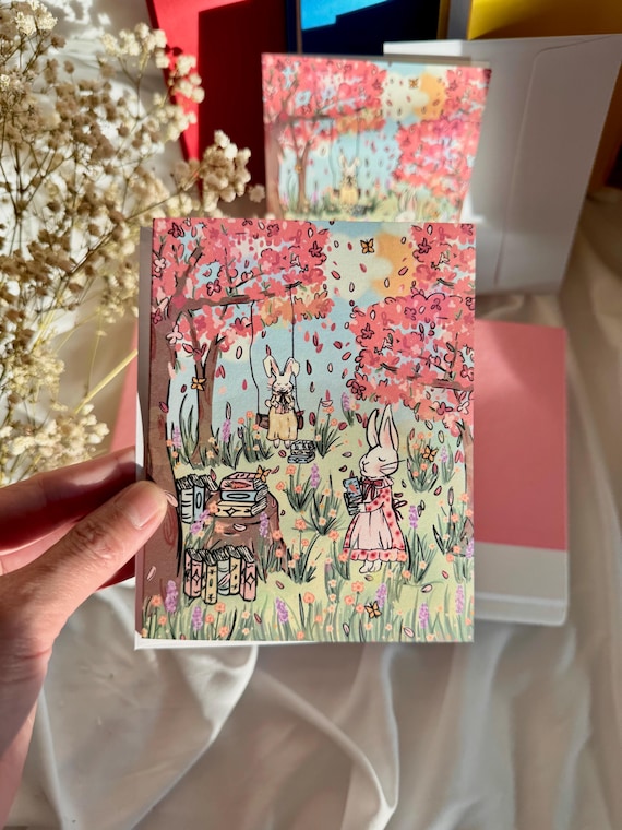 Bookish Bunnies Spring Greeting Card: Floral Illustration