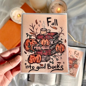 Fall Greeting Card Illustrated | Fall Into Good Books | Thanksgiving Bookish Greeting Card | Birthday and Autumn Cards With Envelope