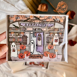 de voeux de librairie d'Halloween | Illustré | Passez un Halloween livresque | de voeux livresque | Carte d'anniversaire et d'Halloween | Carte vierge