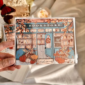 de voeux de librairie d'automne | Illustré | Craquez pour la lecture | Carte de voeux livresques pour Thanksgiving | Anniversaire et automne |