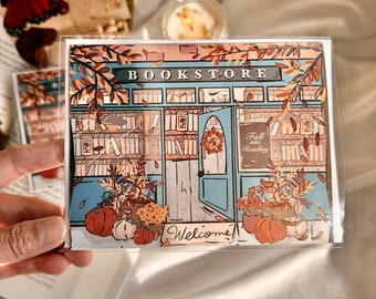 Fall Bookshop Greeting Card: Illustrated Autumn Bookstore Scene