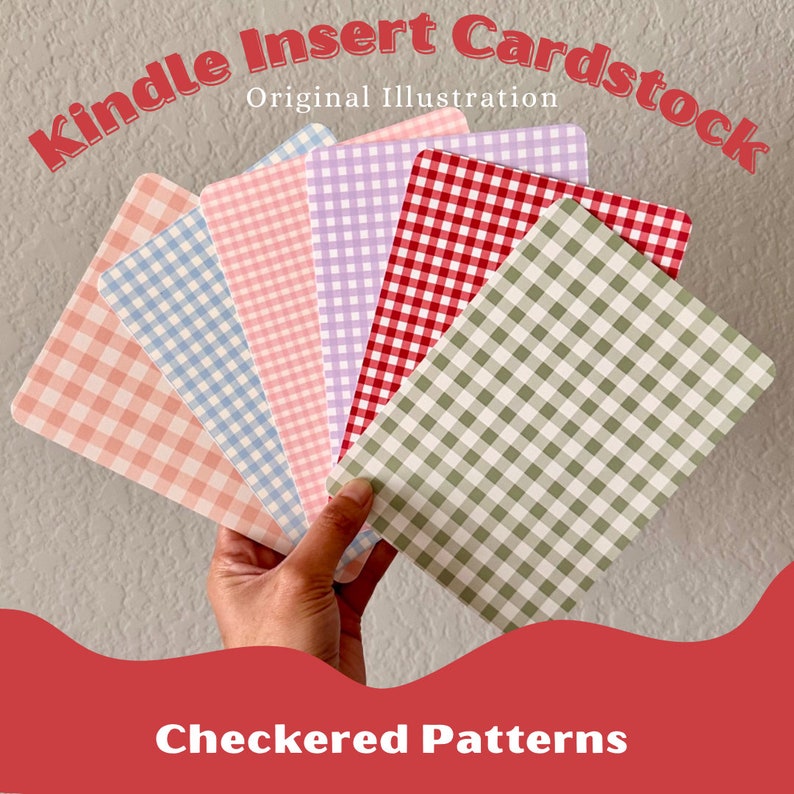 May include: Six different colored gingham patterned paper sheets, each with a white background and a different colored checkered pattern. The colors are pink, blue, lavender, red, green, and light pink. The sheets are held in a hand.