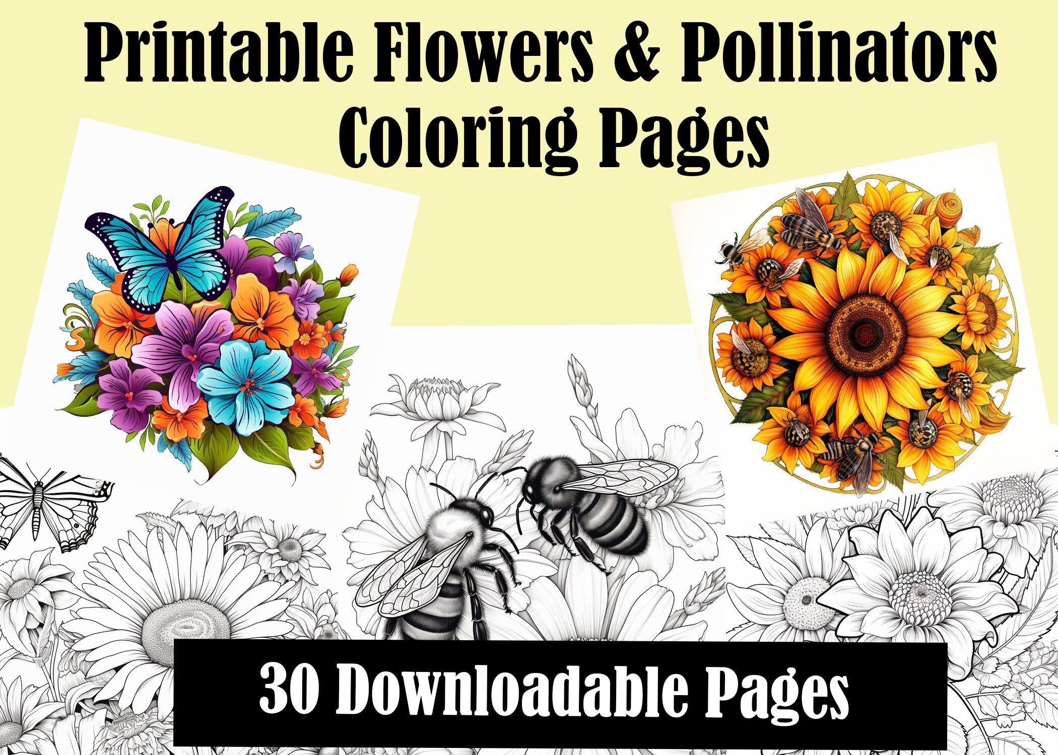 Pollinator Color Pages Flower's & Pollinator's Coloring Pages, 30 Digital and Printable ...