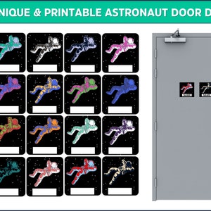 以下が含まれることがあります： 44種類のユニークで印刷可能な宇宙飛行士のドアステッカー。ステッカーは、黒の背景と白い星で宇宙を漂うさまざまな色の宇宙飛行士を特徴としています。ステッカーは、どんなドアにも楽しくて気まぐれなタッチを加えるのに最適です。
