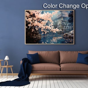 May include: A digital painting depicting a Japanese garden featuring a cherry blossom tree, a pond, and a traditional building in the background. The colours are soft and muted, with shades of pink, blue, and green.