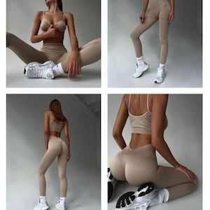 Sexy Satin Opaque Shiny Stretch Leggings Glossy Zip Top Bra Vest Yoga  Sportswear