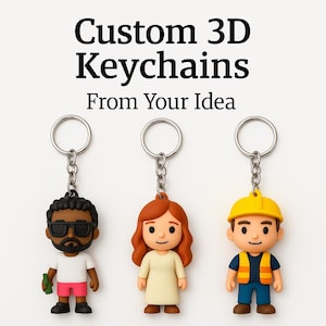 Puede incluir: Tres llaveros 3D personalizados con llaveros plateados. Los llaveros presentan figuras de dibujos animados de un hombre con gafas de sol, una mujer con un vestido y un trabajador de la construcción. El texto "Custom 3D Keychains From Your Idea" está en la parte superior.