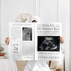 Large Newspaper Pregnancy Announcement, Baby Announcement Newspaper, Pregnancy Reveal Idea, Newspaper Baby Shower, Editable Canva Template