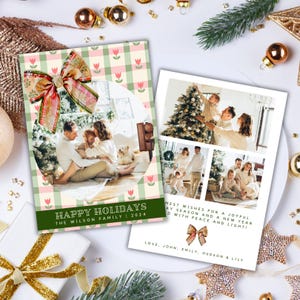 Cartão de Natal com foto com laço, cartão de Natal rosa e vermelho, modelo de cartão de Natal xadrez, cartão de Natal croquete, cartão de Natal editável