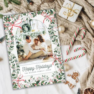 Foto Weihnachtskartenvorlage, Frohe Weihnachten Karte, Bogen Feiertagskarte, Klassische Botanische Weihnachtskarte, Digitale Weihnachtskarten Vorlage