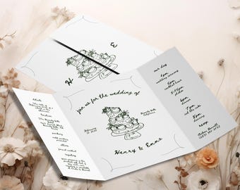 折り畳み式の結婚式招待状 手描きのテンプレート 三つ折りの手書きの招待状 結婚式のイラスト入り結婚式招待状 印刷可能な気まぐれなケーキ