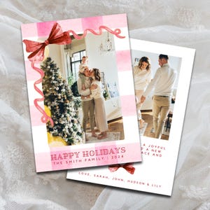 Fotokerstkaart met strik, roze en rode kerstkaart, geruite kerstkaartsjabloon, kerstkaart kroket, bewerkbare kerst